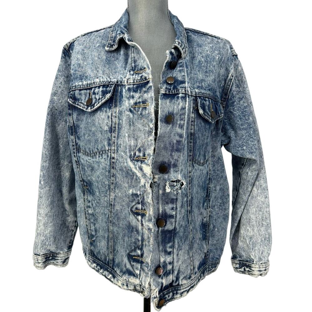 Vintage Distressed Destroyed Acid Wash Button Front Denim Jacket Unisex M L USA